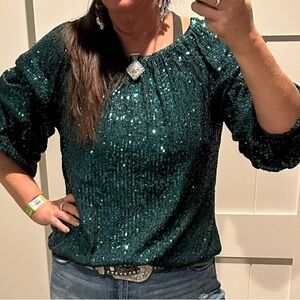 Green Sequin 3/4 Sleeve Blouse Relaxed Fit